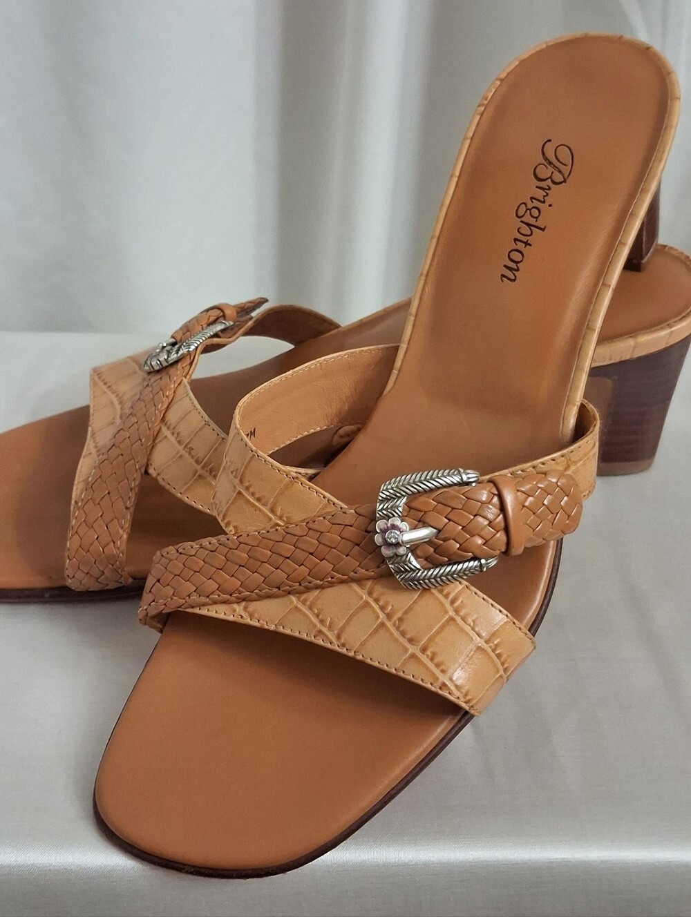 Brighton Tan Braided Buckle Heeled Sandals Size 7 'Tatum'